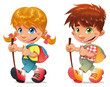 Trekking boy and girl. Vector and cartoon isolated characters.