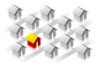 Small red isometric house surround usual grey houses Small red isometric house surround usual grey houses
