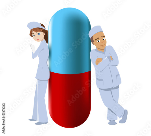 Vector: Two pharmacists with big pill Two pharmacists with big pill
