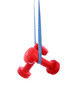 Two red dumbbells hanging on the measure Two red dumbbells hanging on the measure