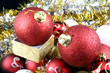 Detail of christmas balls and stars on white background