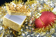 Detail of christmas balls and stars on white background