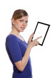 Woman holding a blank touchpad pc, 1 finger touches the screen