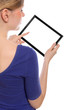 Woman holding a blank touchpad pc, 1 finger touches the screen