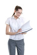 A young and attracitve business woman with a pack of paper