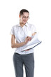 Young business woman in glasses turning a page over