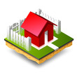 Small red isometric house on green grass Small red isometric house on green grass