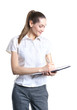 Young business woman filling in a blank