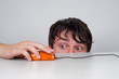 Boy interacts with mouse. Boy interacts with mouse.