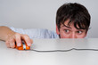 Boy interacts with mouse. Boy interacts with mouse.