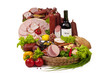 A composition of meat and vegetables with wine A composition of meat and vegetables with wine