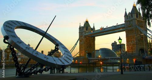 Photo: Tower Bridge and sun dial at dusk, London Tower Bridge and sun dial at dusk, London