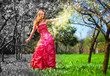 Young fairy woman in red dress