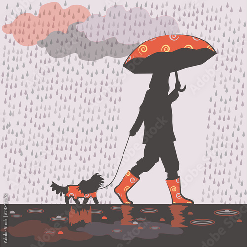 Girl Walking Dog Mugs by toxiferous. This cute illustration of a kitschy. Girl walking with small dog under rain.