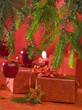 Christmas gifts still life with red background Christmas gifts still life with red background