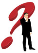 Businessman in front of a big red question mark