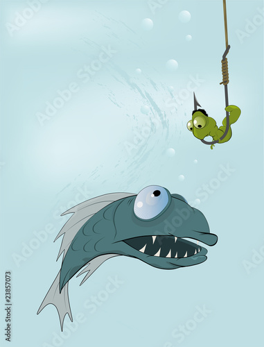 Vector: Hungry fish and clever worm. A fairy tale of my mum Hungry fish and clever worm. A fairy tale of my mum
