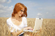Young Businesswomen in white working with notebook at wheat fiel