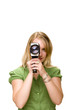 Woman film with old retro video camera