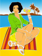 Vector: The brunette girl sitting on the beach with sunglasses in hand The brunette girl sitting on the beach with sunglasses in hand