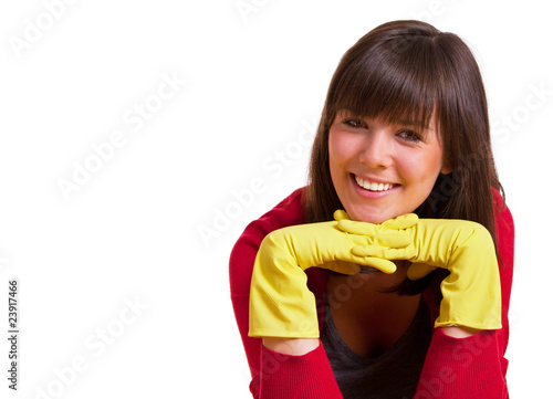 Foto: nette Hausfrau mit Gummihandschuhen nette Hausfrau mit Gummihandschuhen