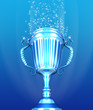 Trophy Cup and confetti over blue background