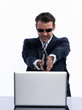 man caucasian computer attack isolated studio on white backgroun