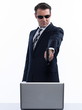 man pirate computer attack isolated studio on white backgroun