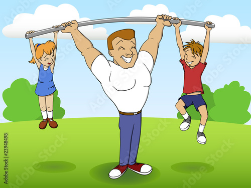 Vector: father of a family playing sports with children father of a family playing sports with children