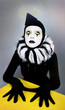 Сircus fashion mime posing near a yellow square on