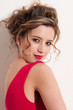 Close-up of beautiful girl with red vogue maekeup