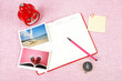 Clutter of objects stacked on pink background Clutter of objects stacked on pink background