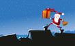 weihnachtsmann mit Geschenk hüpft über Dächer quer