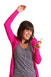 tanzende Frau mit MP3 Player in der Hand
