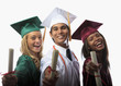 three graduates in cap and gown with diplomas three graduates in cap and gown with diplomas