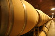 Side view of wine barrels in a cave