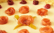 cheese cake on apple green background wit flowers