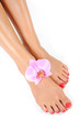 Beautiful feet leg with perfect spa pedicure on bright pink nail