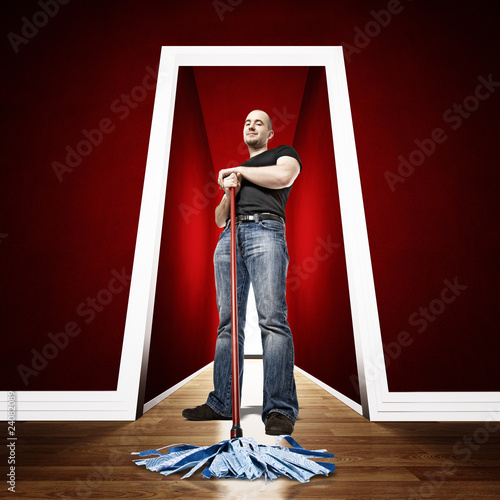 Photo: caucasian cleaner in 3d location caucasian cleaner in 3d location