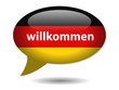 “WILLKOMMEN” speech bubble icon (web button home germany flag)