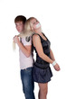 Girl and boy fighting on a white background