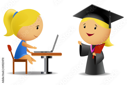 Vector: Set of two schoolgirls with computer and diploma Set of two schoolgirls with computer and diploma