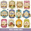 set of 12 pastel colored labels with golden elements