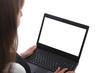 A young woman holding a laptop with the white screen A young woman holding a laptop with the white screen