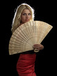 Hot blonde in red dress with fan