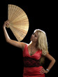 Hot blonde in red dress with fan