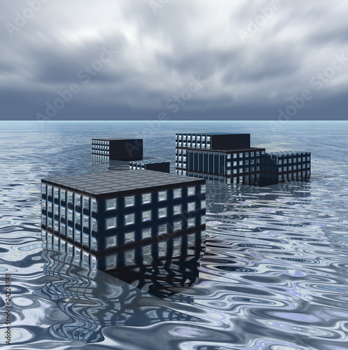 Illustration: Office blocks under ocean Office blocks under ocean