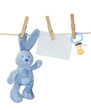 Blue baby goods and blank note hanging on the clothesline Blue baby goods and blank note hanging on the clothesline