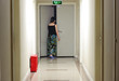 emergency exit with exit sign and fire extinguisher