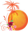 Summer sunset round banner with palm trees and tropical flowers Summer sunset round banner with palm trees and tropical flowers